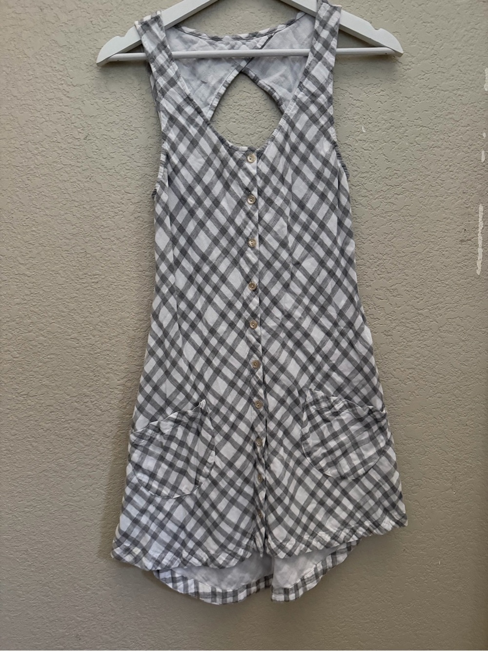 Free People White and Gray Plaid Sleeveless Dress Soft 100% Cotton Pockets Sz XS